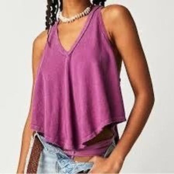Free People Large L Dahlia Mauve Karri V-Neck Tank Top Blouse V-Neck Racer New - Picture 1 of 9